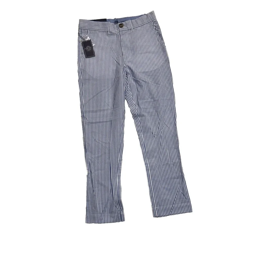 Brown Bowen & Co. Seersucker Blue/White Striped Pants Boys Sz 8 Adjustable Waist